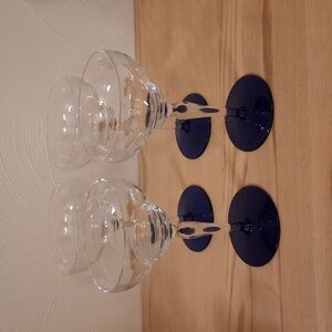 Set of 4 1930s Weston “Blue Foot” Optic Glass Art Deco Etched Champagne Glasses